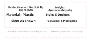 Detailed specifications of soft-tip Morandi highlighters 6-piece set in various colors