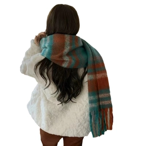 Warm rainbow plaid scarf for women with thick mohair fabric and tassel fringe details