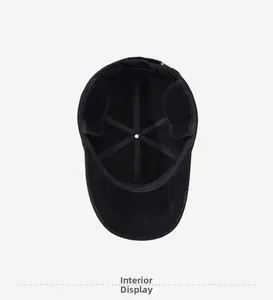 Detailed interior view of a black winter baseball cap with plush lining and ear flaps