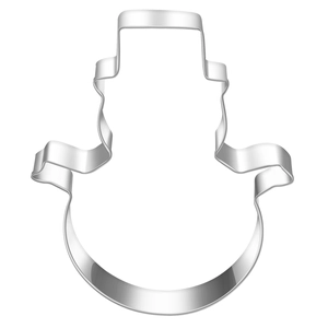 Detailed view of snowman-shaped stainless steel cookie cutter with polished mirror finish
