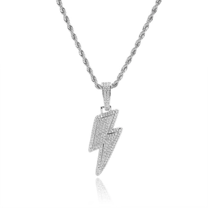 Close-up of silver hip hop lightning pendant with sparkling cubic zirconia on twist chain