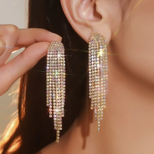 Alloy Rhinestone Long Tassel Dangle Earrings With 925 Sterling Silver Earring Post Elegant Statement Jewelry For Women Party