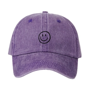 Unisex purple washed denim baseball cap with embroidered smiley face for outdoor sun protection