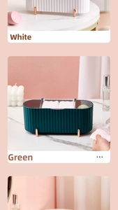 Detailed view of dustproof cotton pad organizer with gold legs in green and white