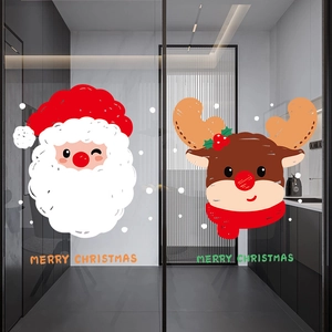 Merry Christmas glass window stickers featuring cartoon Santa Claus and reindeer design