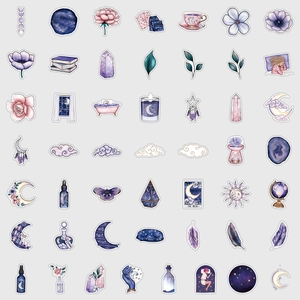 Detailed view of colorful magic graffiti stickers with moon and crystal patterns