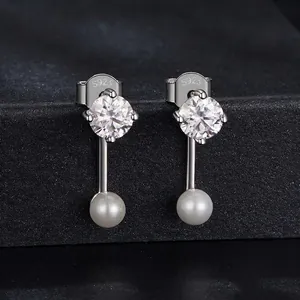 Elegant S925 sterling silver drop earrings with round moissanite and white shell pearls