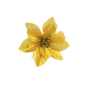 Detail showing the sheer mesh texture and golden glitter of the artificial Christmas flower