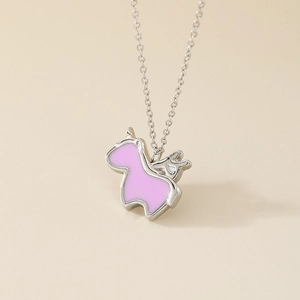 Collana unicorno creativa in smalto rosa e acciaio al titanio argento lucido