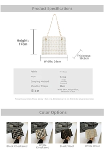 Detail view of plaid tweed shoulder bag with gold chain strap and precise dimensions