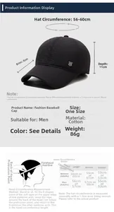 Tableau des tailles détaillé pour casquette de baseball matelassée ajustable pour hommes