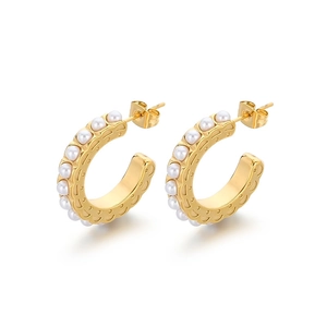 French vintage gold C-shape striped hoop earrings with white pearl accents on white background