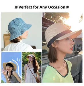 Collage of outdoor women's sun hats in denim and straw materials shown in summer scenes
