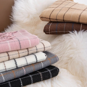 Maillard style plaid scarf with fringe in multiple soft wool colors for winter fashion