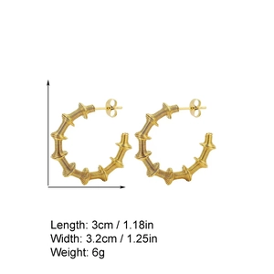 Detailed view of 18k gold plated spring hoop earrings with spikes and size dimensions
