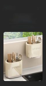 Close-up of dual-mount cream kitchen utensil holder with divided storage slots