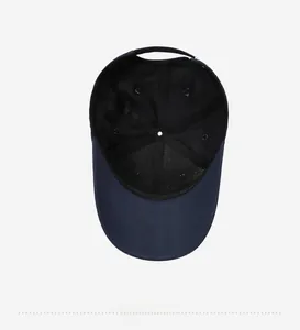 Detailed interior of navy baseball cap showing sweatband and stitched cross structure
