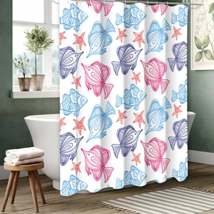 Detail view of a white shower curtain featuring blue and pink tropical fish in a bathroom