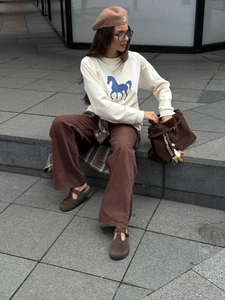 Foto callejera de sudadera crema con estampado de caballo azul y pantalón marrón