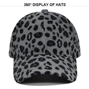 Grey leopard print corduroy baseball cap with curved brim for men and women