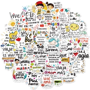 Set of 50 colorful Spanish motivational stickers with positive quotes and cartoon icons