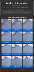 Detailed size chart for clear PVC self-sealing bags ranging from 4x6cm to 15x15cm