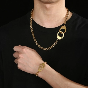 Gold stainless steel handcuff link chain necklace and bracelet jewelry set for women