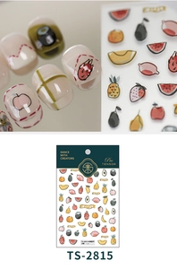 Detail view of TS-2815 3D embossed fruit nail stickers featuring strawberry and watermelon designs