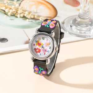 Detailed view of children's quartz watch featuring 3D butterfly silicone strap and floral dial