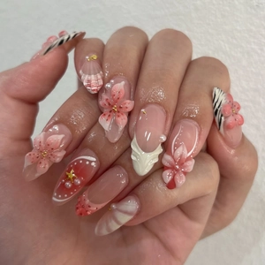 3D Relief Flower Press On Nails Pink Gradient Almond Shape Handmade Fake Nails With Artificial Pearl Starfish Zebra Stripes Decor