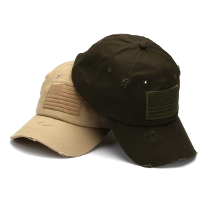 Distressed American flag baseball caps in khaki and army green washed cotton fabric