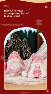 Close-up of pink Christmas gnomes with sequined hats and braided hair on white lace decor