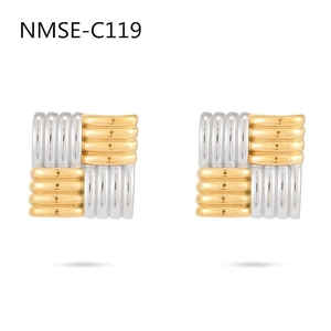 Square stainless steel two-tone stud earrings with golden and silver textured design