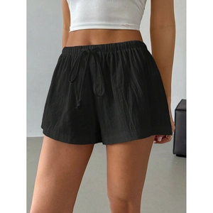 Women's black casual cotton linen shorts with drawstring waist and loose summer fit