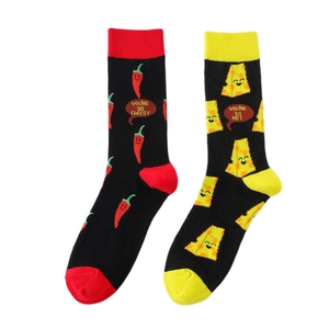 Detail of funny socks with chili and cheese patterns and creative English phrases