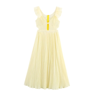 Women Maxi Dress Smocked Polyester Flutter Sleeve V Neck Hollow Out Waist Sweet Elegant Long Sundress Solid Yellow