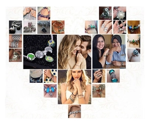 Pulsera de cuentas de plata esterlina S925 y anillos con dijes en un collage
