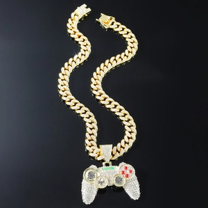 Hip hop gold Cuban chain necklace with iced-out game controller pendant and colorful details