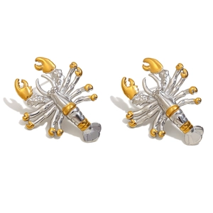 Creative lobster-shaped earrings with gold and silver two-tone stainless steel finish