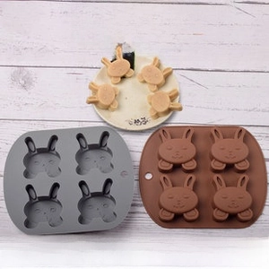 Macro view of 4-cavity rabbit silicone mold for DIY baking, ice, and food shapes