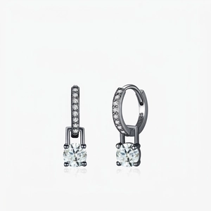 Moissanite Cubic Zirconia Round Dangle Hoop Earrings With 925 Sterling Silver Earring Post Vintage Gun Grey Plated Women