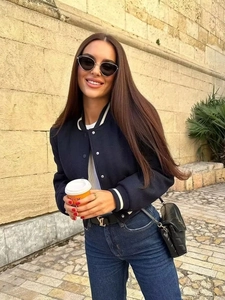Women's dark blue baseball jacket with stand collar and casual street fashion style