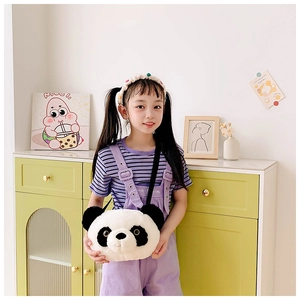 Cute plush panda crossbody bag for girls shown in a lifestyle scene with a black strap