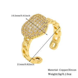 Detailed view of adjustable golden heart ring with micro-paved zircon and dimensions