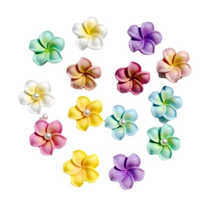 Colorful resin plumeria flower charms with pearl centers on a white background