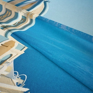 Detailed view of Mediterranean Santorini print on high-quality woven fabric texture