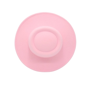Detailed top view of a light pink wool felt hat with wide brim and round crown