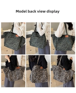Detail shots of large leopard print canvas tote bag showing style and interior capacity
