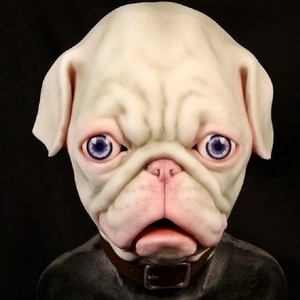 Lifelike pug dog latex mask with realistic skin wrinkles and detailed facial features