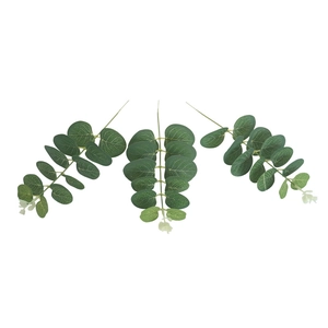 Detailed view of three artificial eucalyptus branches with frosted green leaves